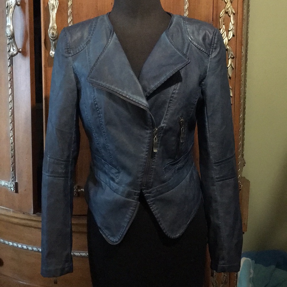 Moto Jacket Faux Leather Vintage Denim Blue